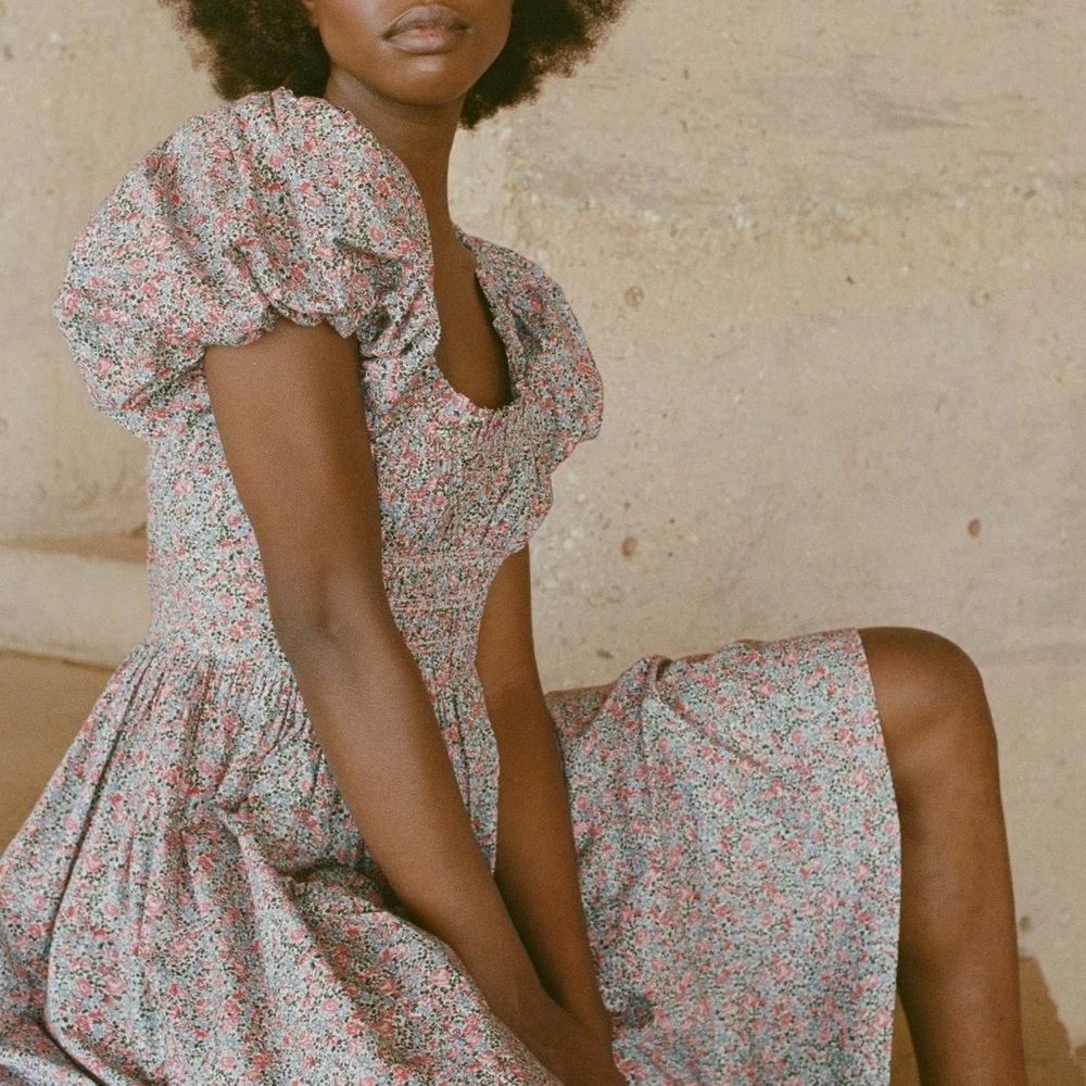 Doen Ruched Puff Sleeve Midi Dress - Petit Jardin pattern